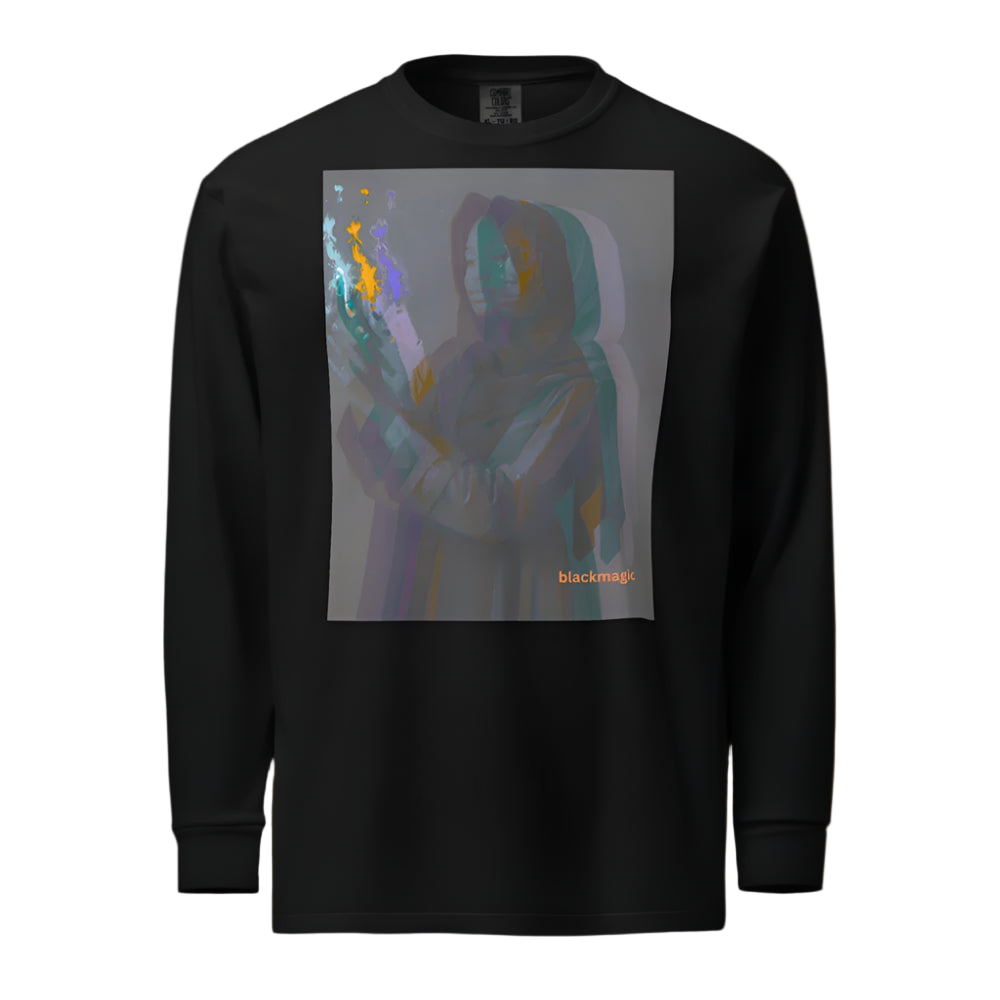 Black long-sleeve shirt with a colorful graphic design on a white background