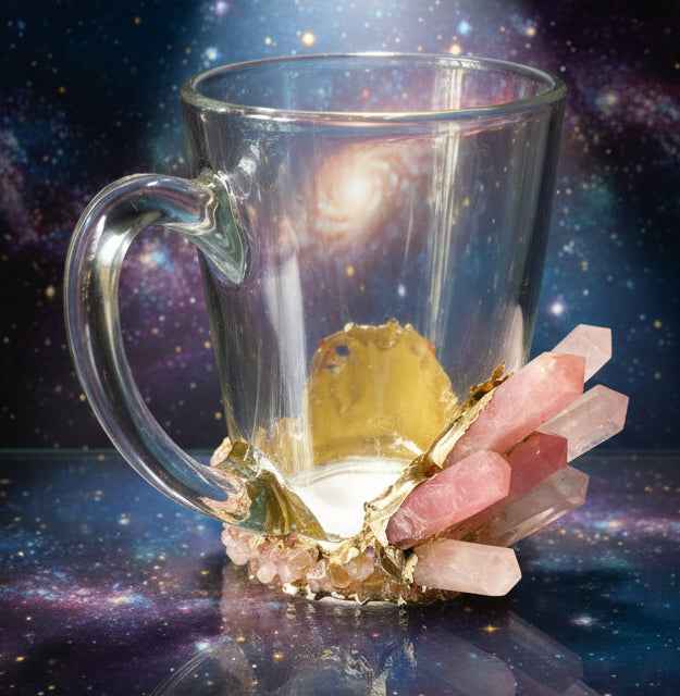 Set of 2 Rose Quartz Crystal Mugs | Gold Plated Glass Coffee/Tea/Juice Mugs with Semi-precious Agate | 11 oz/320 ml