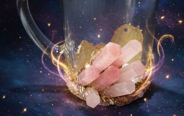 Set of 2 Rose Quartz Crystal Mugs | Gold Plated Glass Coffee/Tea/Juice Mugs with Semi-precious Agate | 11 oz/320 ml