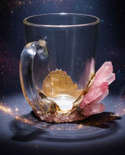 Set of 2 Rose Quartz Crystal Mugs | Gold Plated Glass Coffee/Tea/Juice Mugs with Semi-precious Agate | 11 oz/320 ml