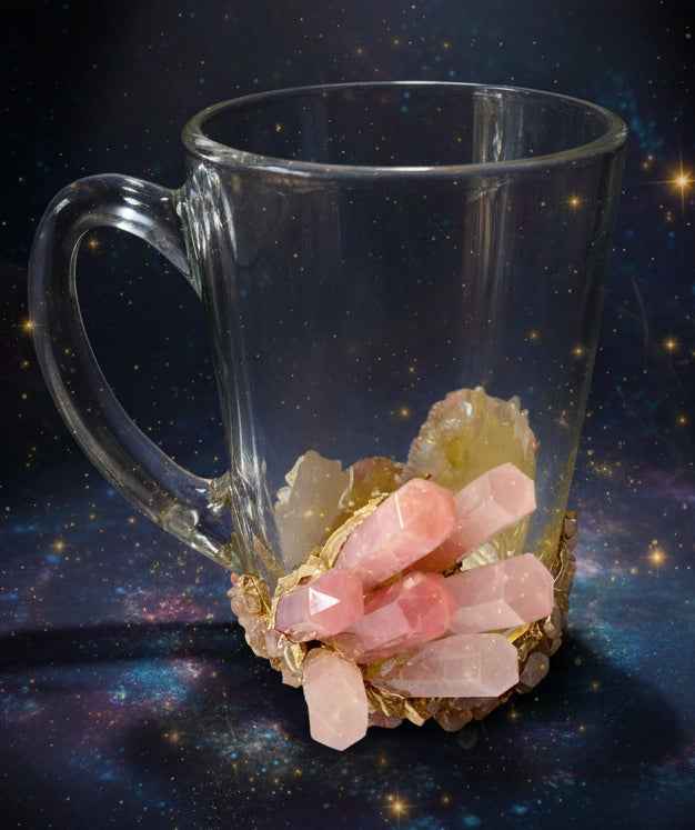 Set of 2 Rose Quartz Crystal Mugs | Gold Plated Glass Coffee/Tea/Juice Mugs with Semi-precious Agate | 11 oz/320 ml