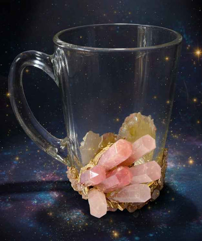 Set of 2 Rose Quartz Crystal Mugs | Gold Plated Glass Coffee/Tea/Juice Mugs with Semi-precious Agate | 11 oz/320 ml