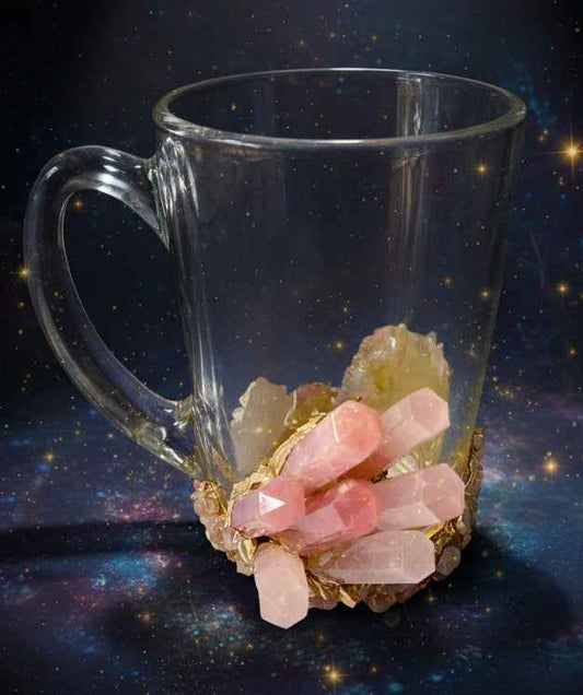 Set of 2 Rose Quartz Crystal Mugs | Gold Plated Glass Coffee/Tea/Juice Mugs with Semi-precious Agate | 11 oz/320 ml