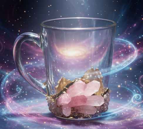 Set of 2 Rose Quartz Crystal Mugs | Gold Plated Glass Coffee/Tea/Juice Mugs with Semi-precious Agate | 11 oz/320 ml
