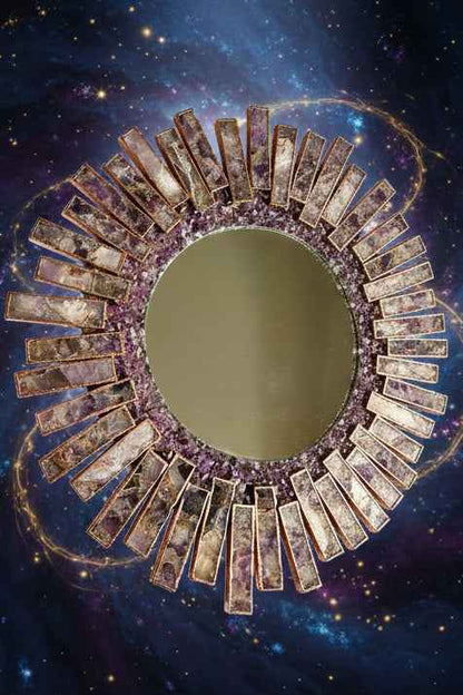Starburst Handmade 20" Round Rose Gold Amethyst Mirror with Amethyst Crystal Gemstones