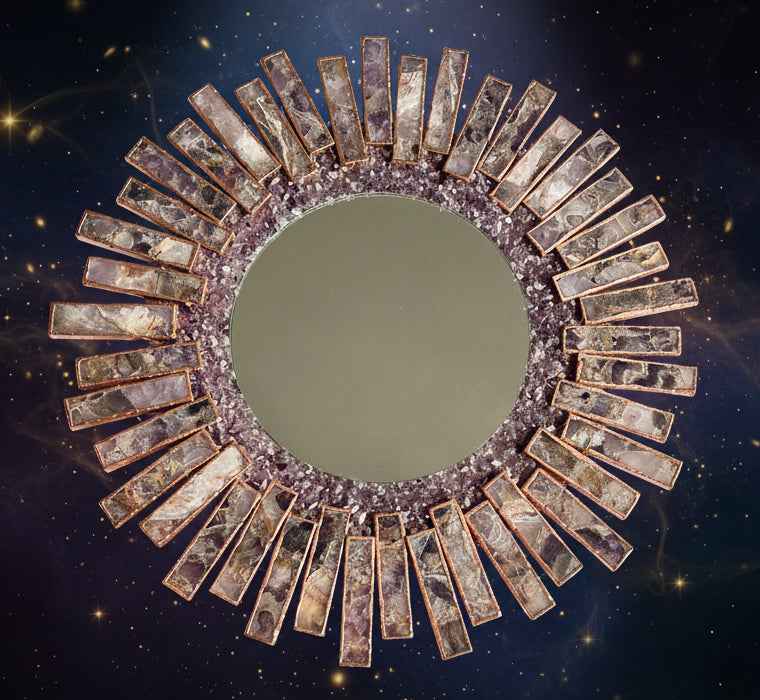 Starburst Handmade 20" Round Rose Gold Amethyst Mirror with Amethyst Crystal Gemstones