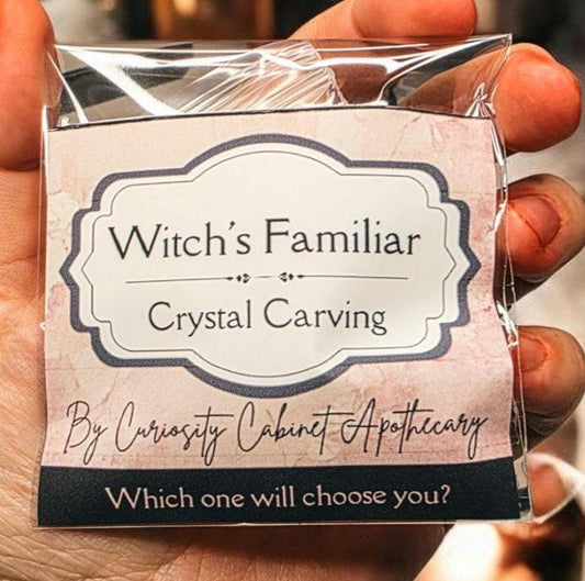 Hand holding a small box labeled 'Witch's Familiar Crystal Carving' with a blurred background.
