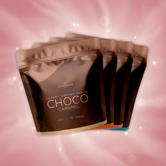 Cococolus Choco Caramel coffee scrub packages on a white background