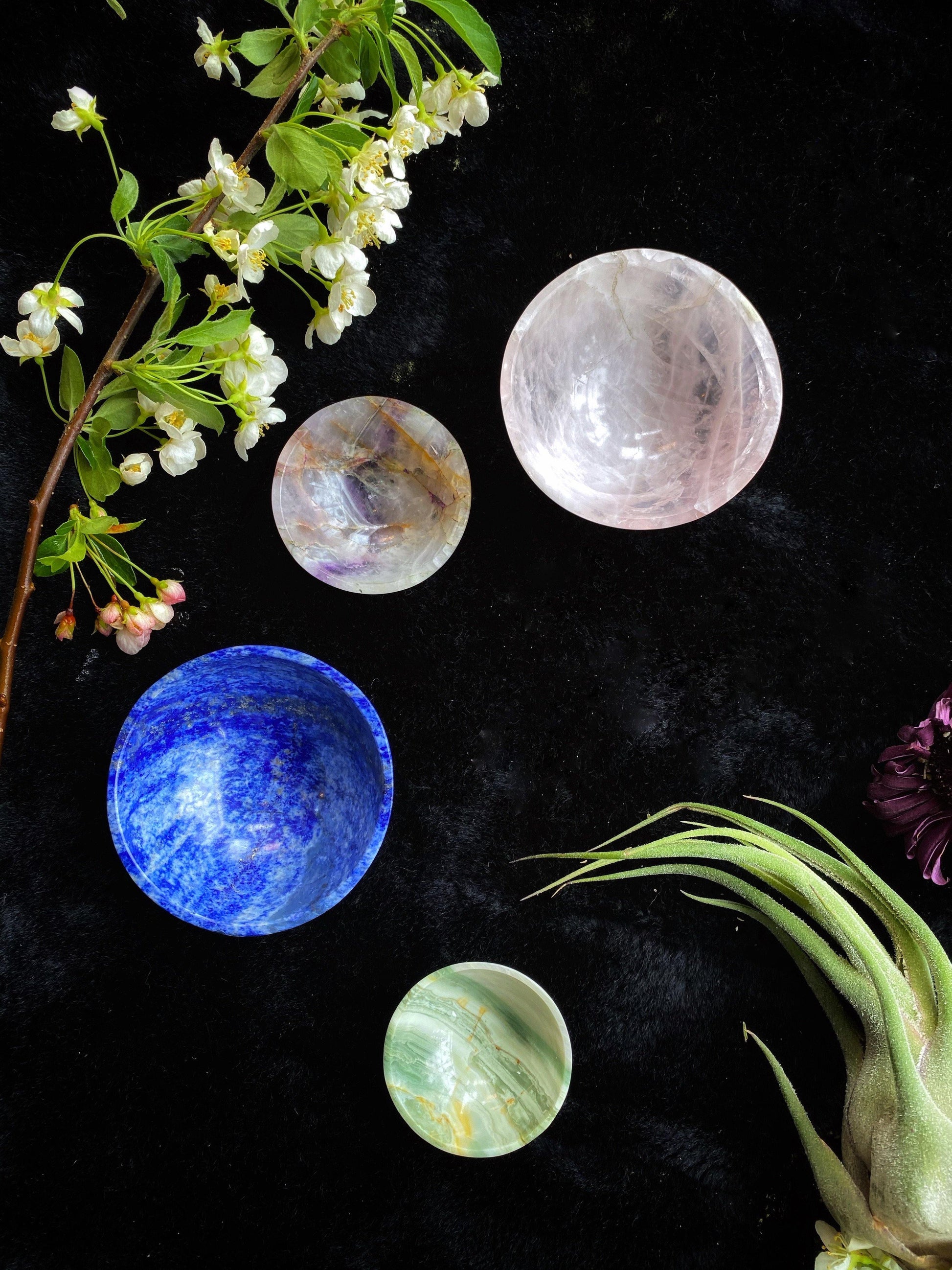 Four crystal stones on a dark surface with plants and flowers.