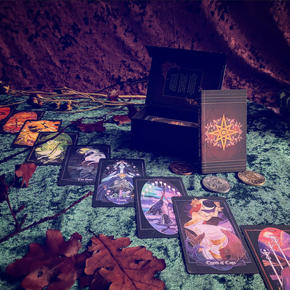 A tarot card deck displayed with an open black box, a standing card box, and several cards spread out on a mossy surface with autumn leaves. The cards feature colorful fantasy and mystical illustrations, and the scene is lit with a moody purple and orange glow.