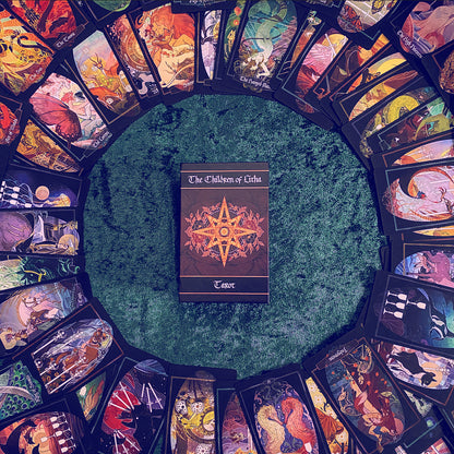 A tarot deck box titled 'The Children of Urush' sits in the center of a circular arrangement of illustrated tarot cards on a textured green surface.