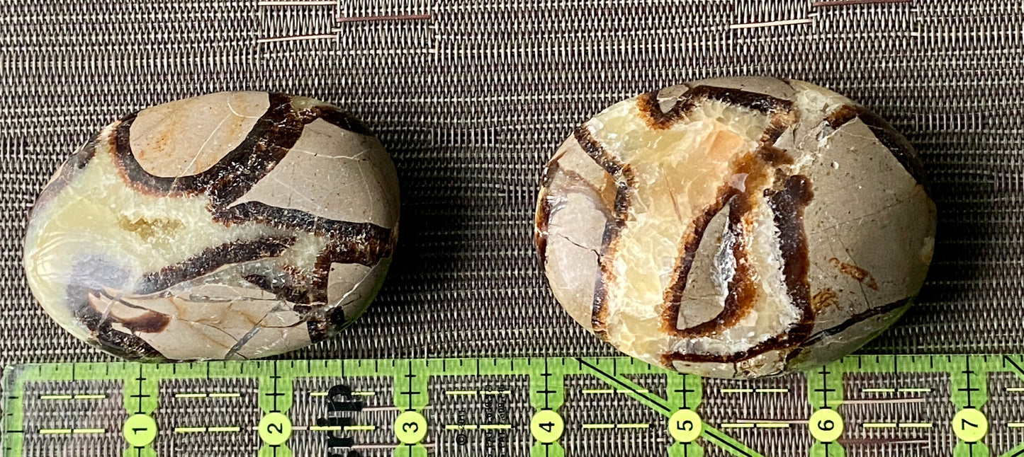 Two marbled stones with a ruler for scale on a textured surface