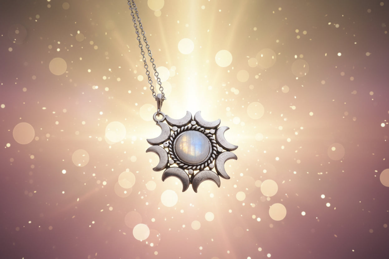 Necklace with a sun and moon pendant on a dark background