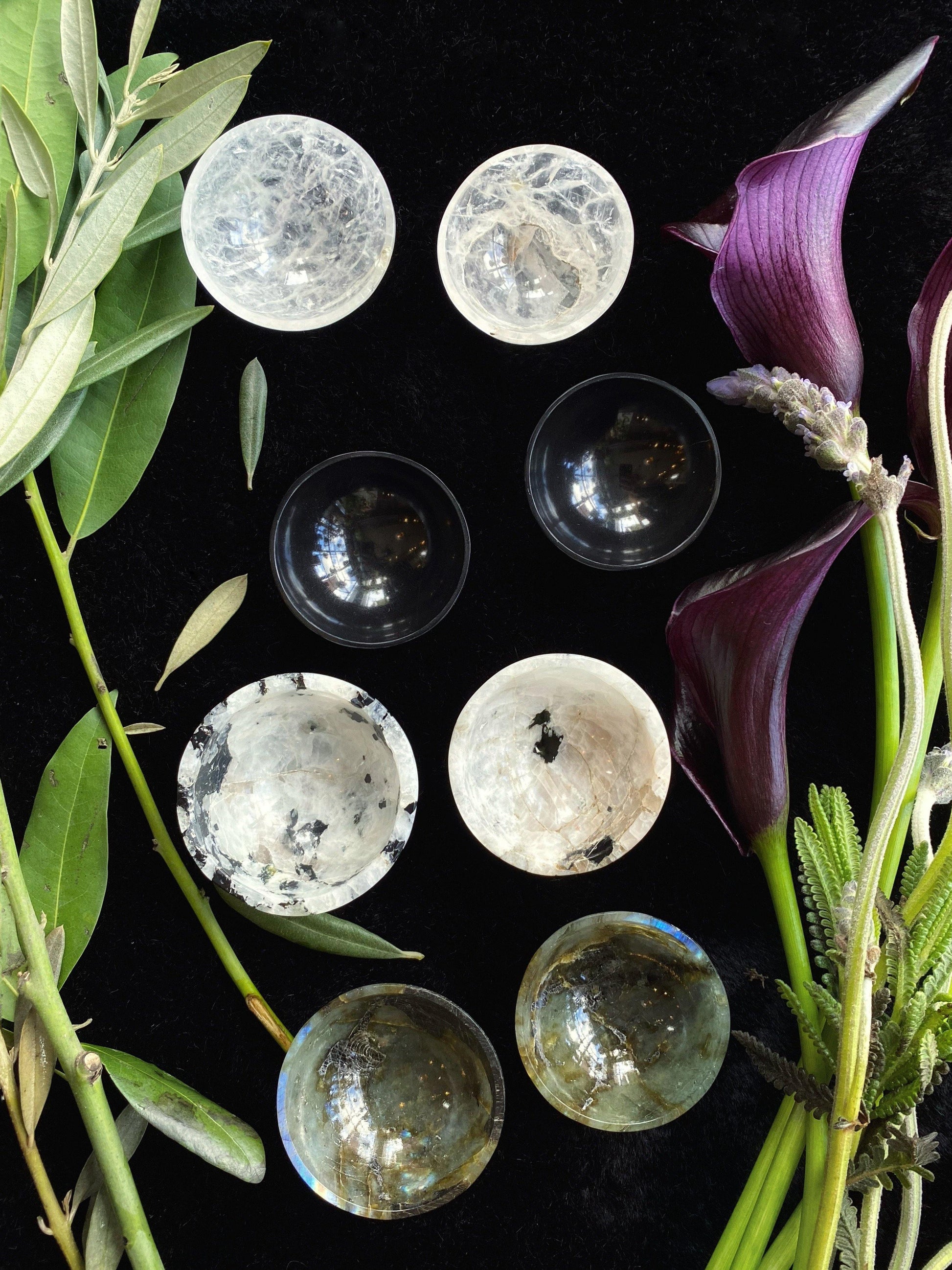 Set of crystal balls on a dark surface with greenery and a purple flower.