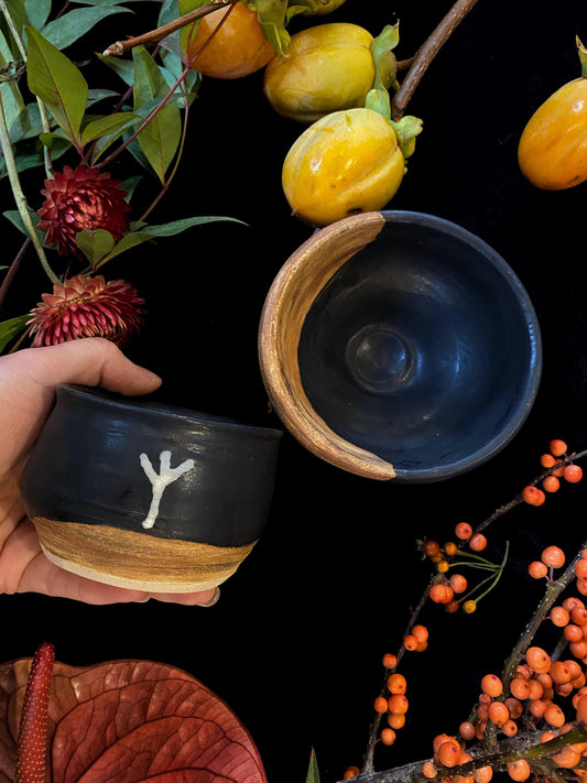 Hand holding a black ceramic bowl with a wooden base, surrounded by autumnal elements on a dark background.