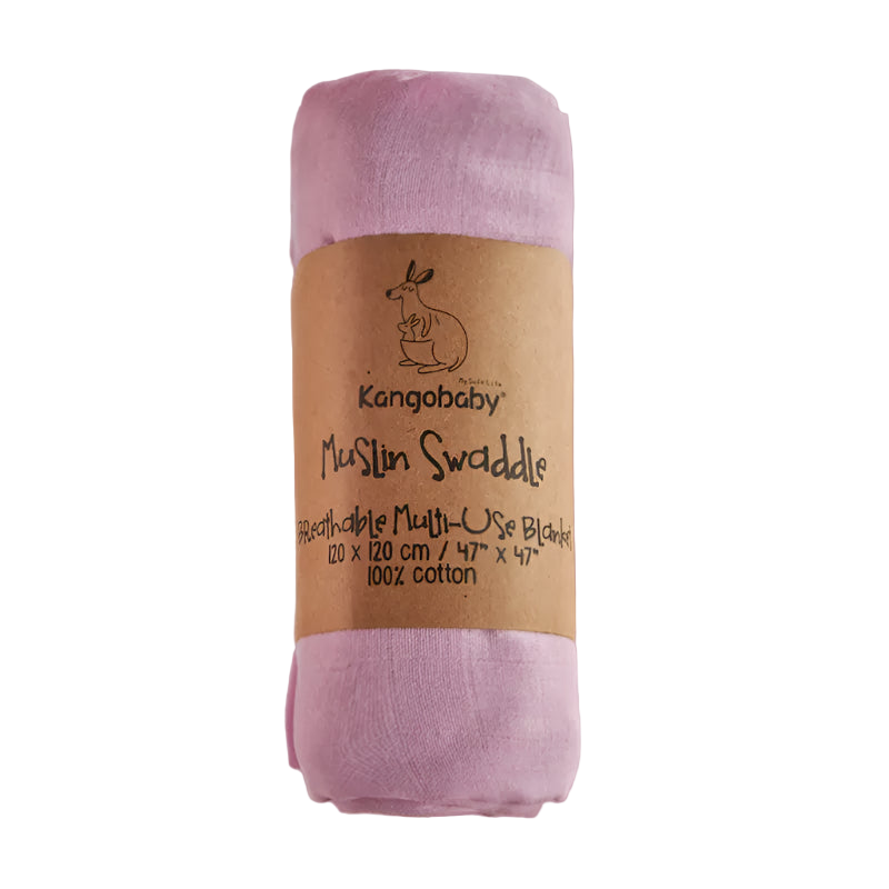 Pink muslin swaddle with a brown label on a white background