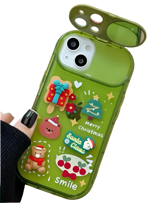 Green phone case with Christmas-themed designs held by a hand on a light background