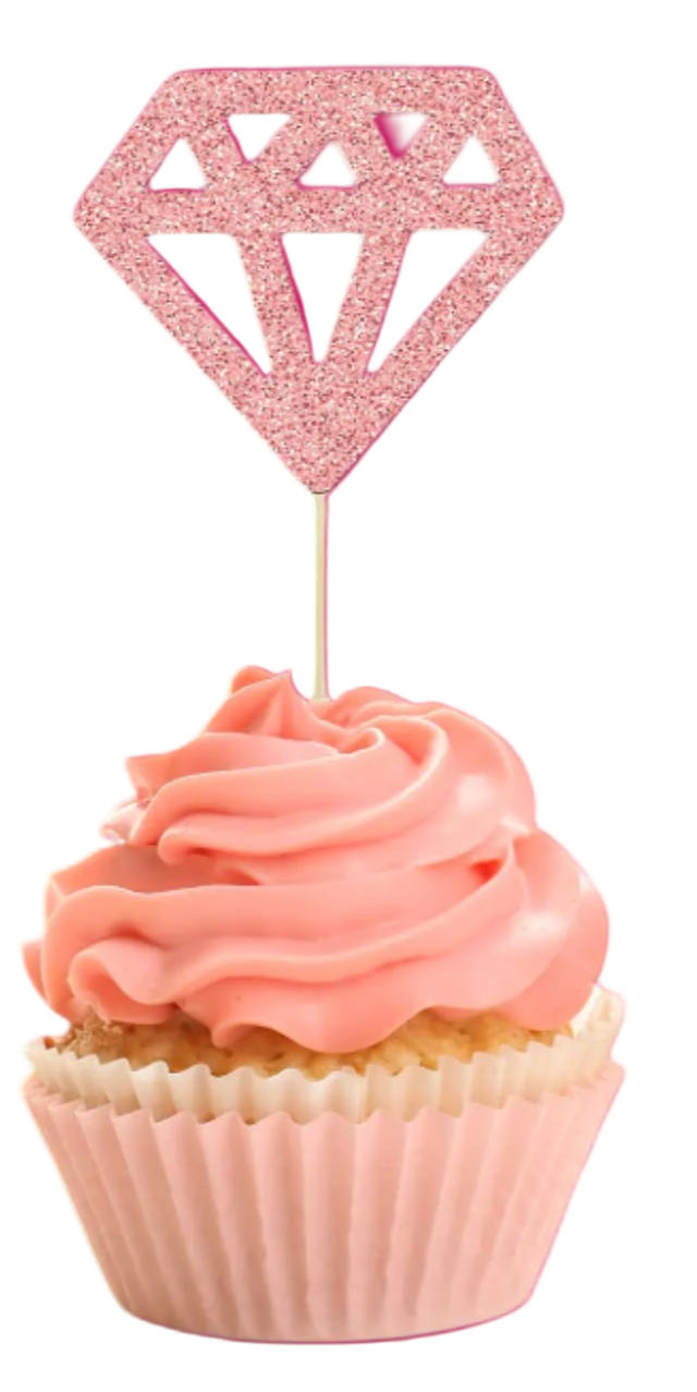 Three cupcakes with pink frosting and diamond-shaped cupcake toppers on a white background