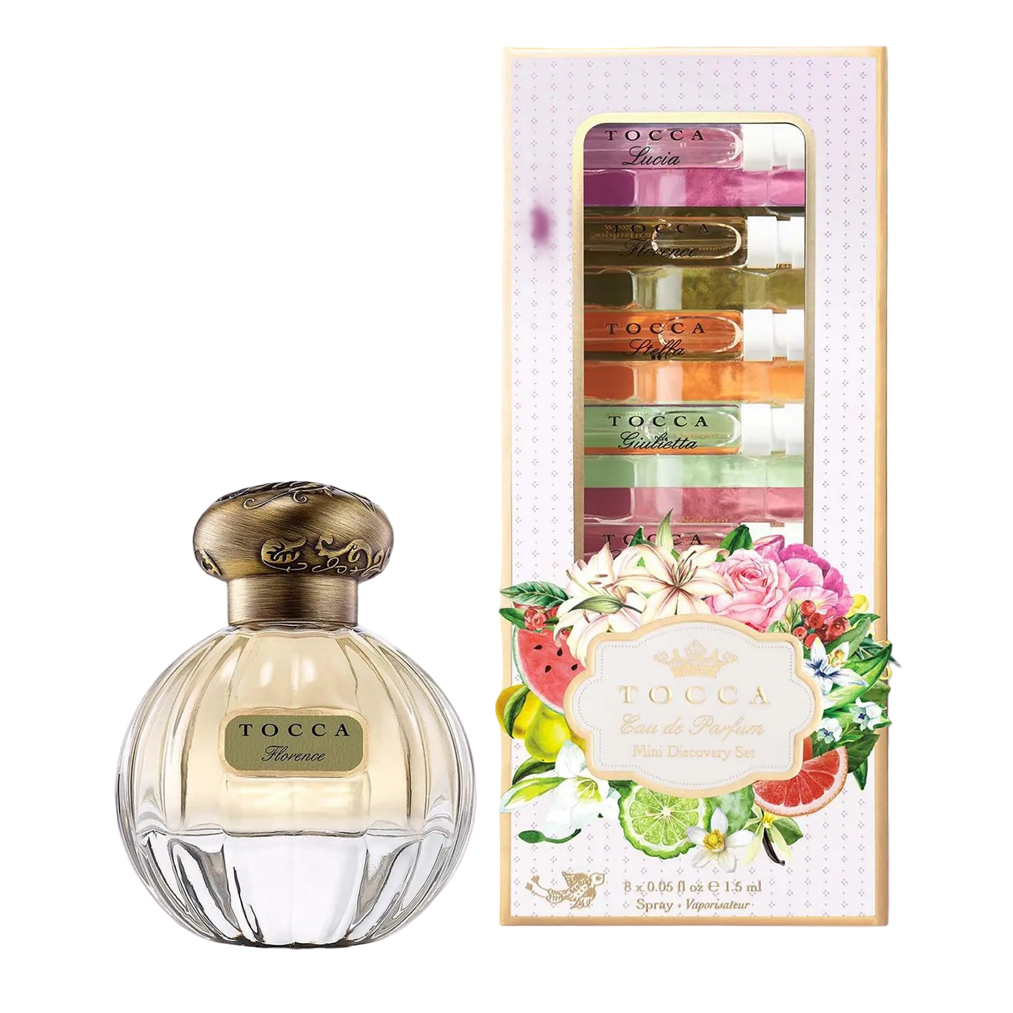 Tocca perfume bottle with packaging on a white background