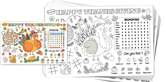 Thanksgiving-themed activity sheets including coloring pages and word find puzzles.