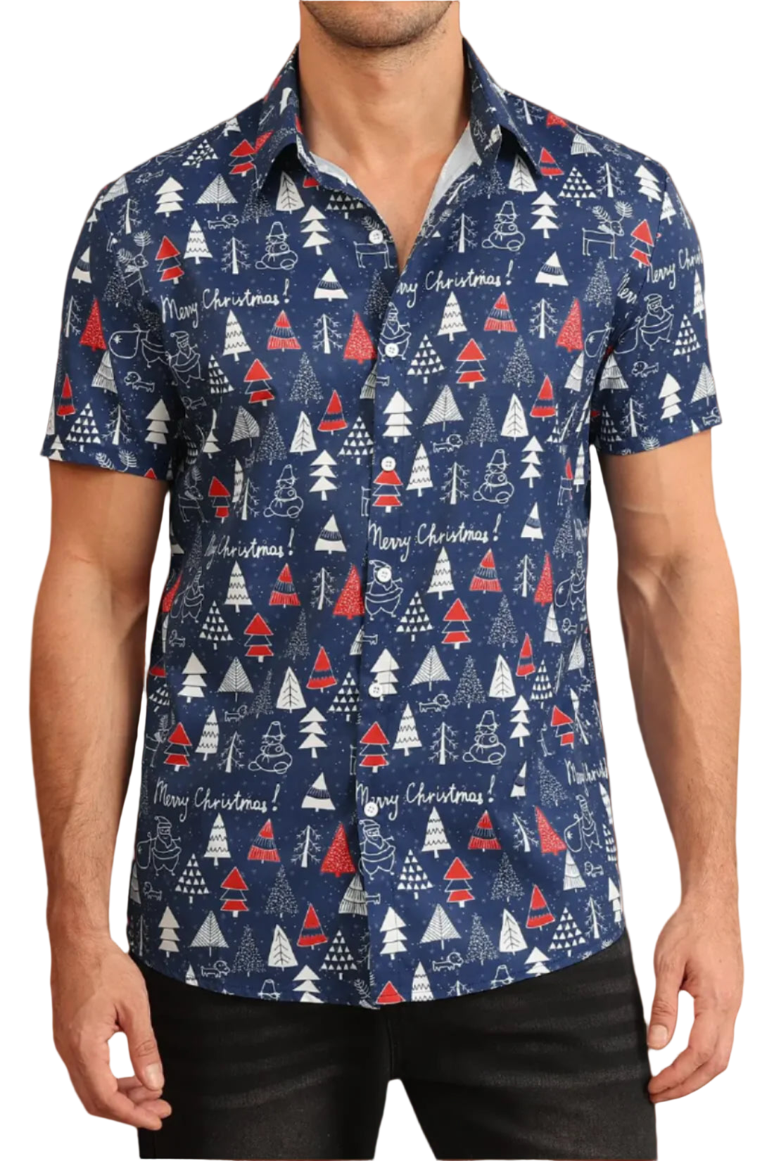 Man wearing a navy blue Christmas-themed shirt with red and white graphics on a white background