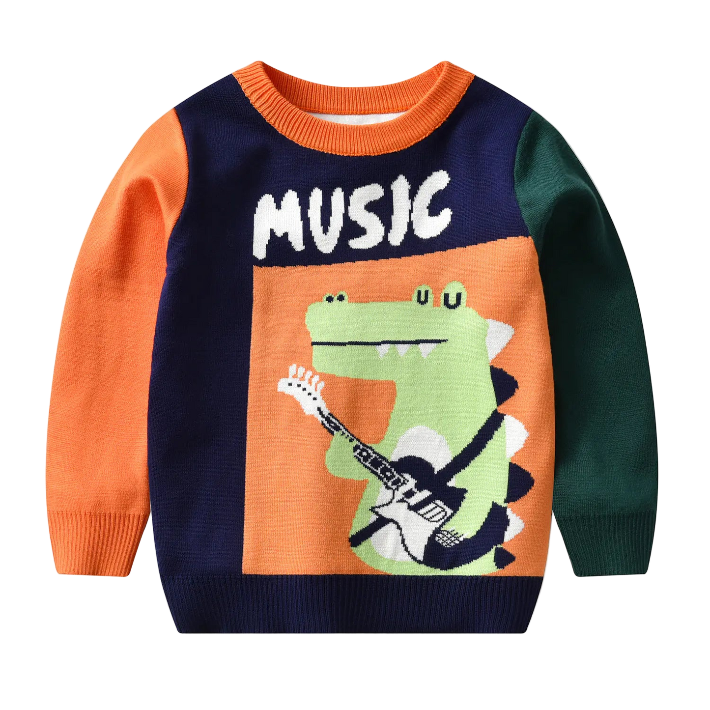 Colorful sweater with a dinosaur playing guitar and 'MUSIC' text on a white background