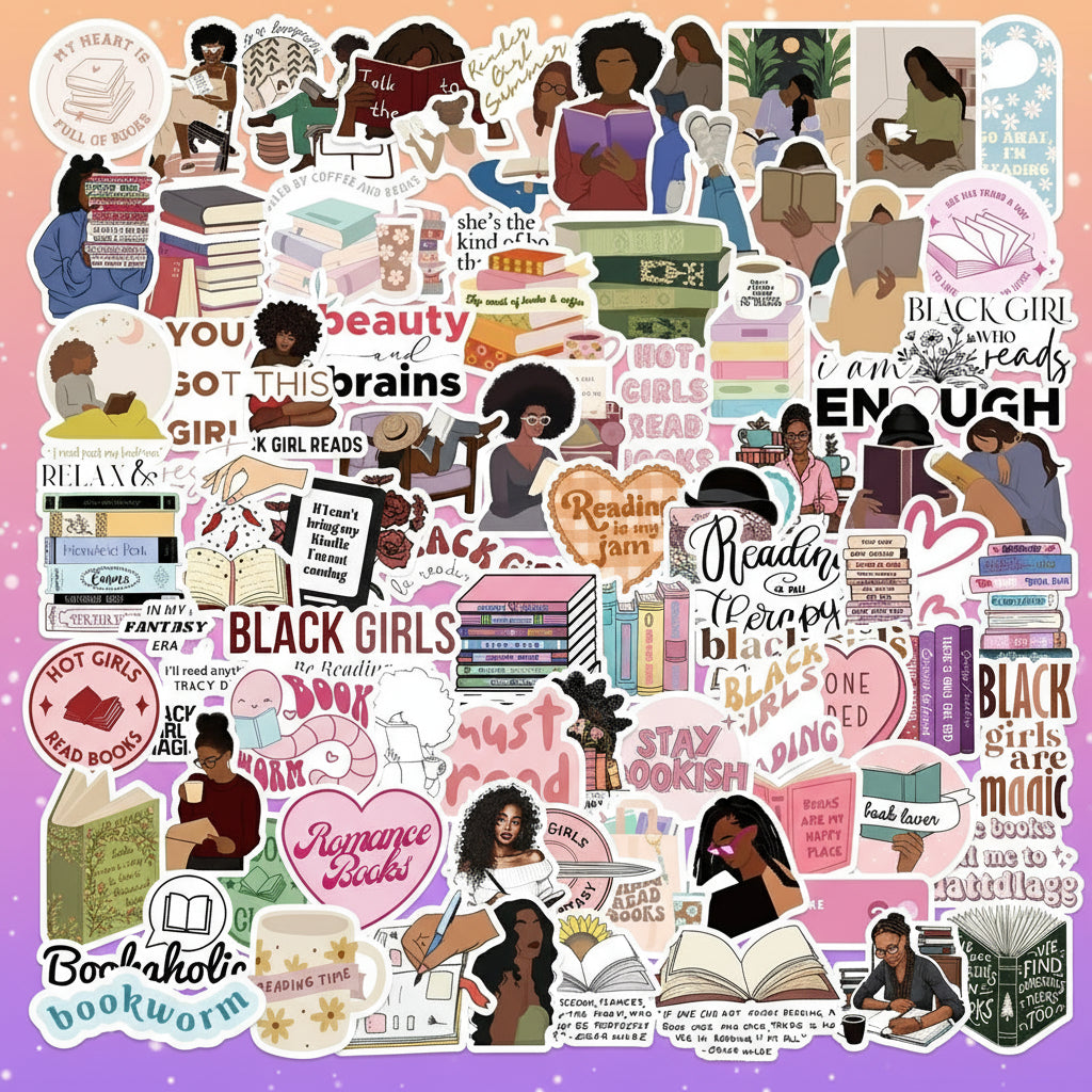 Collection of stickers with various designs, including books, people, and text, on a white background.
