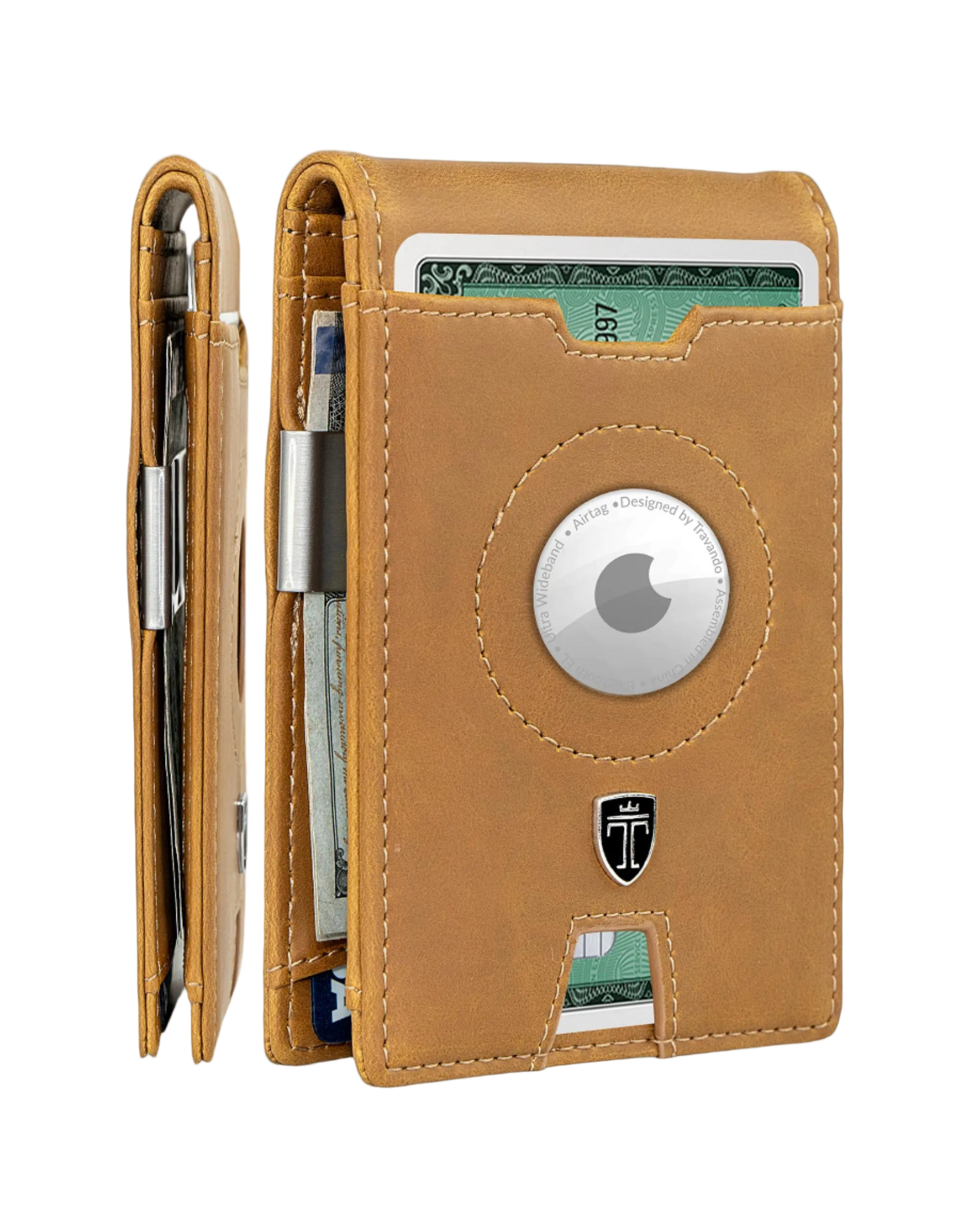 Brown leather wallet with card slots and a circular design on a white background