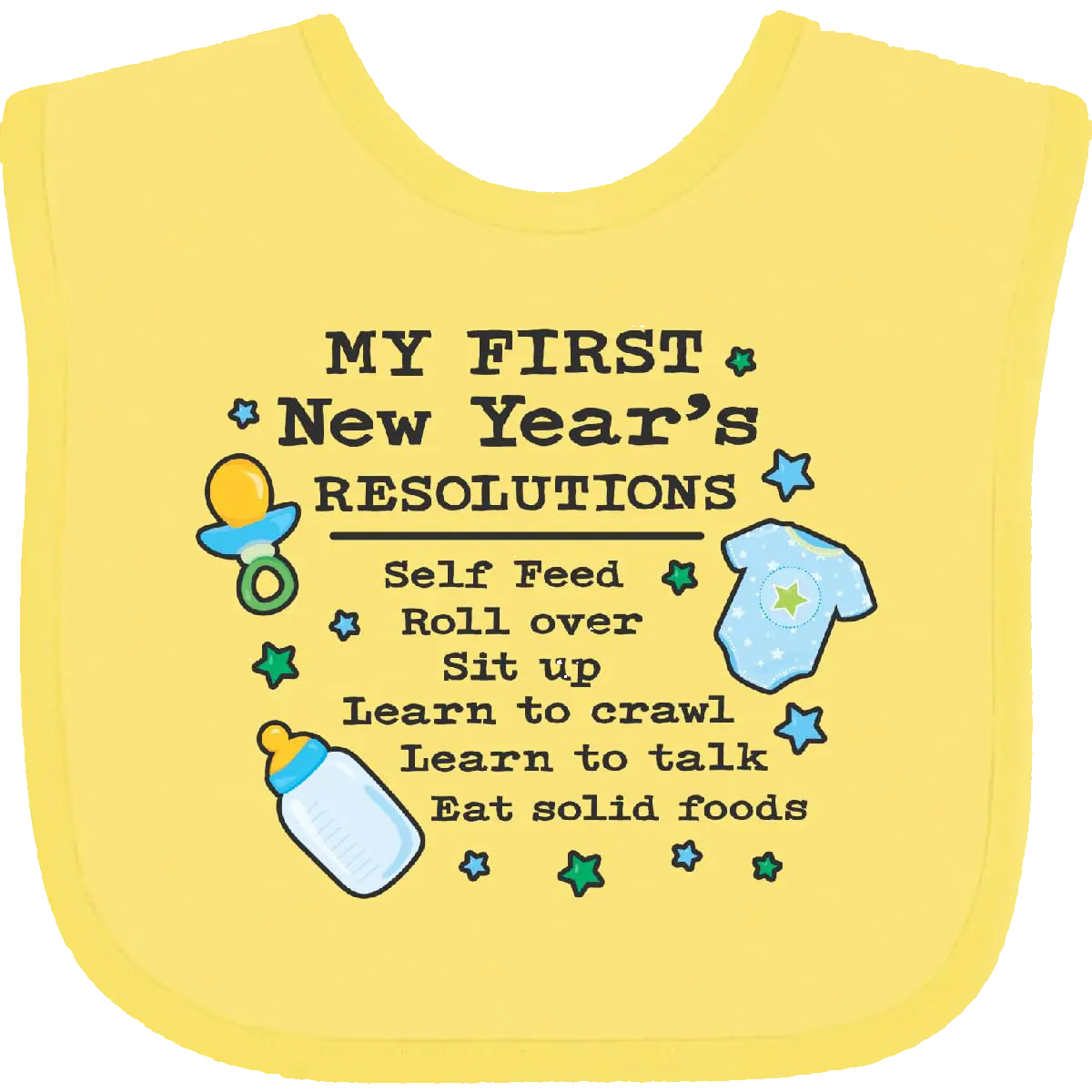Yellow baby bib with New Year's resolutions text and baby-related graphics on a white background
