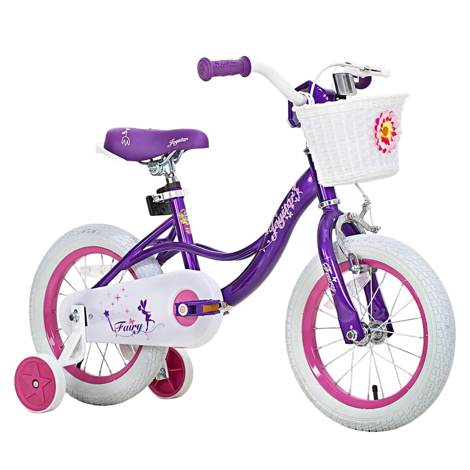 Purple children's bicycle with pink accents and a basket on a white background