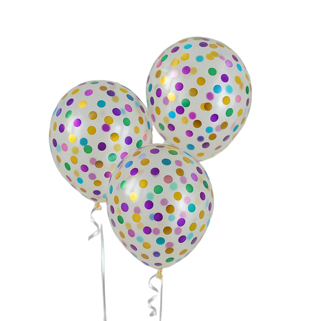 Three polka dot balloons with a festive background