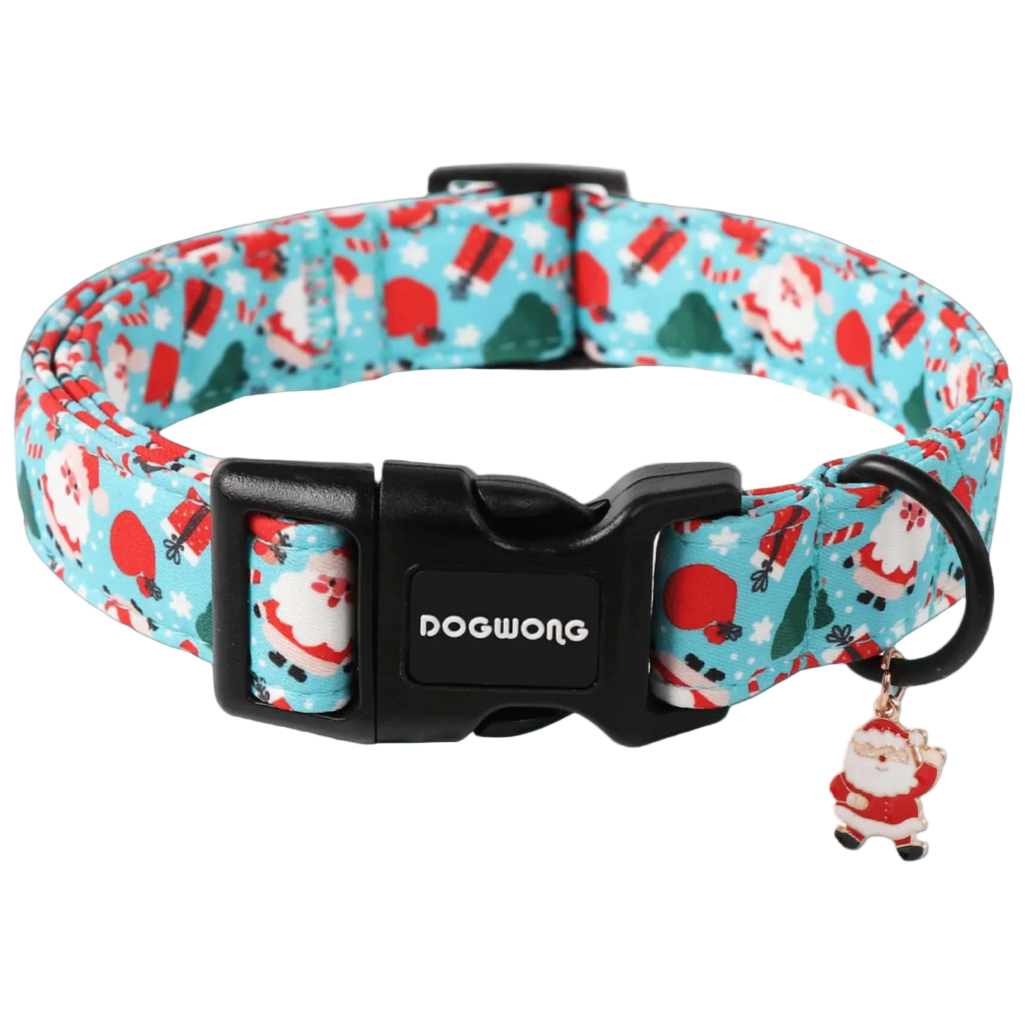 Dog collar with Christmas pattern and Santa Claus charm on a white background
