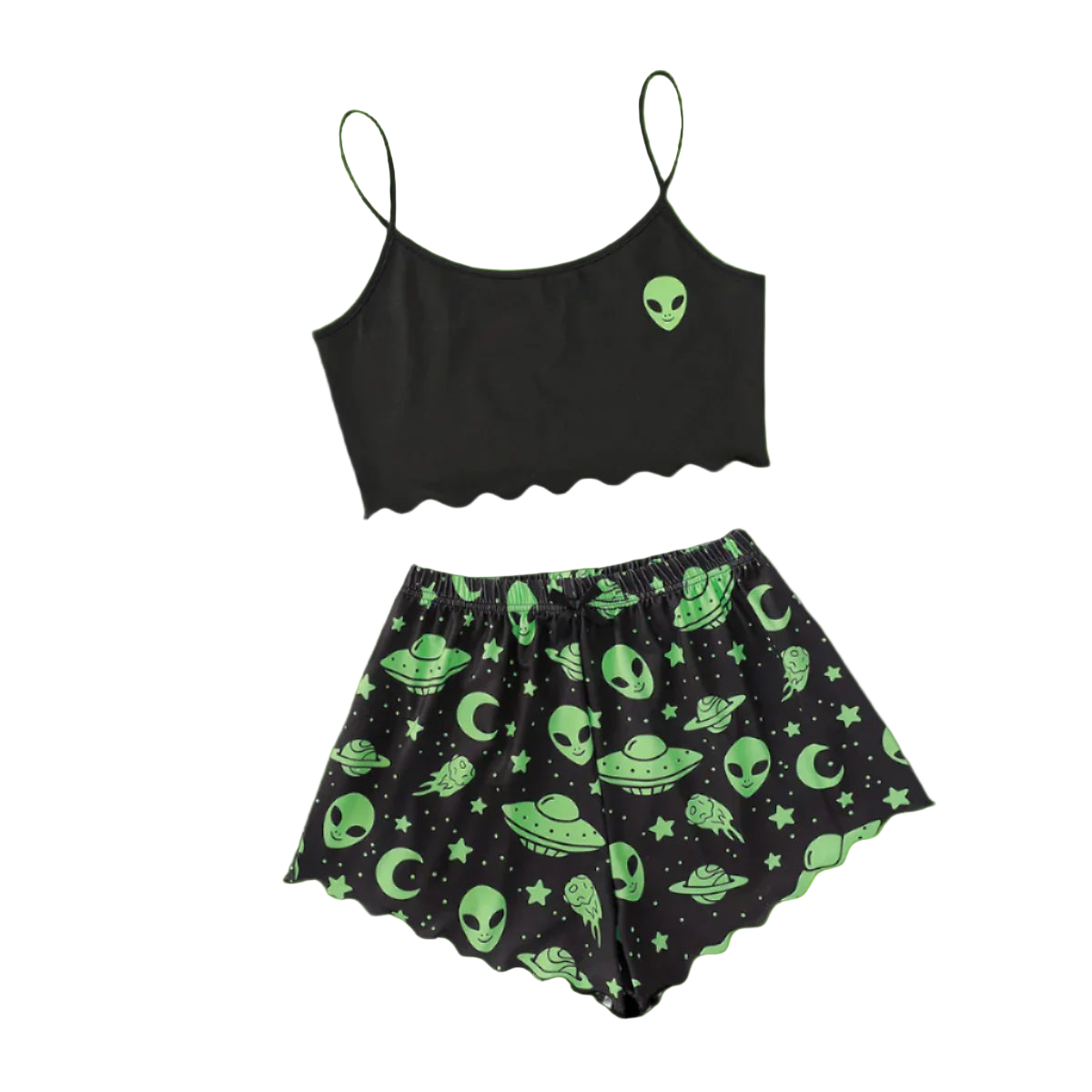 Black tank top and shorts set with green alien and UFO patterns on a white surface.