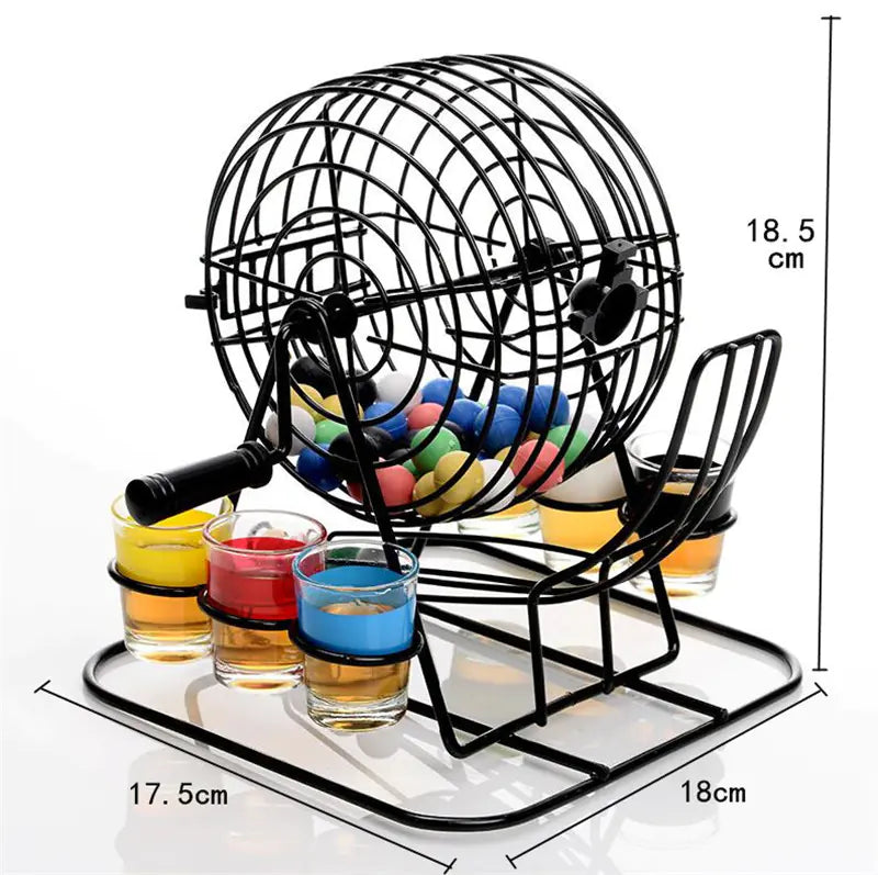 Black metal shot glass spinner with colorful balls and glasses on a white background