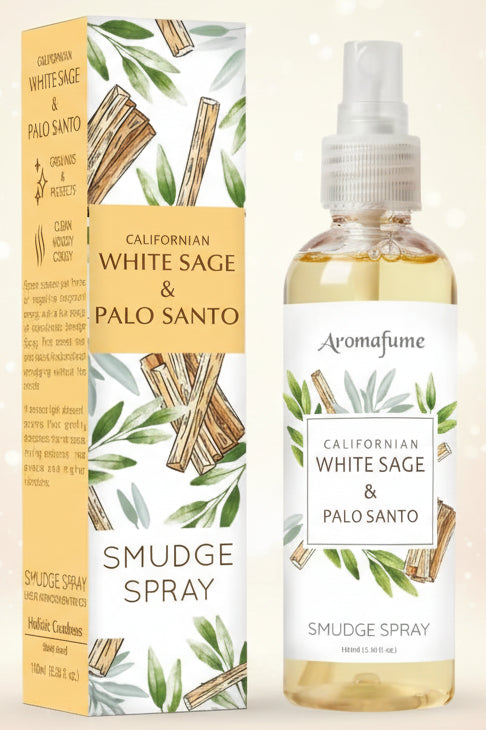 Aromafume Californian White Sage & Palo Santo smudge spray and packaging on a white background