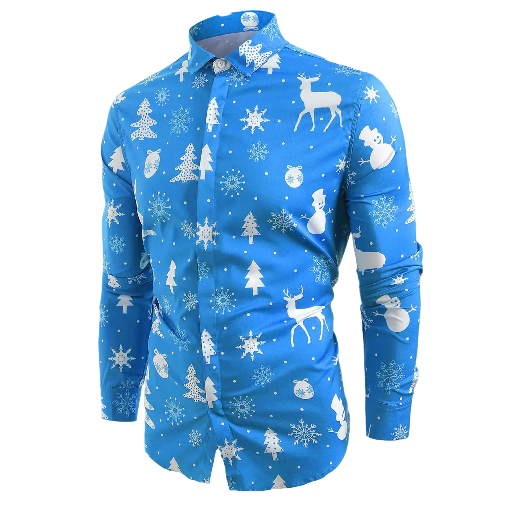 Blue shirt with white winter-themed patterns on a white background