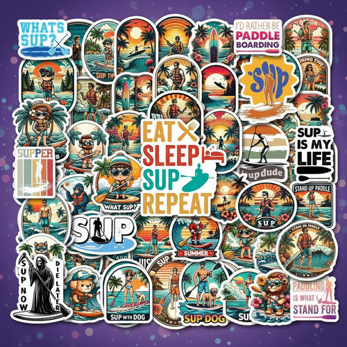 Collection of various SUP (Stand Up Paddle) themed stickers on a white background