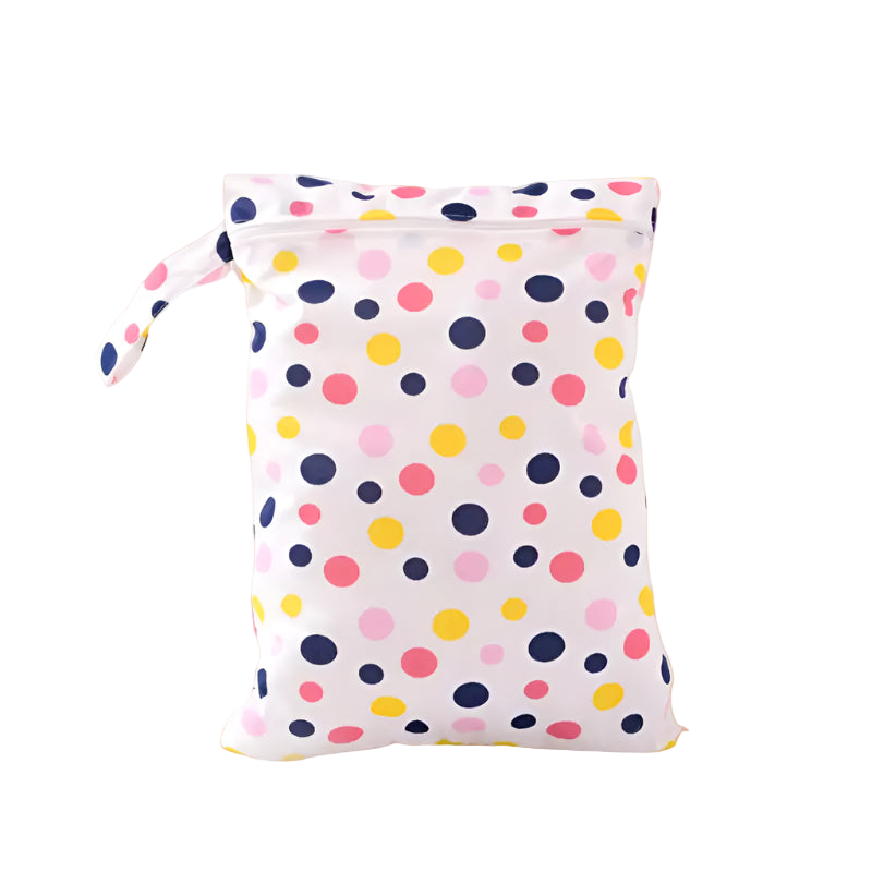 Polka dot pouch on a light gray background