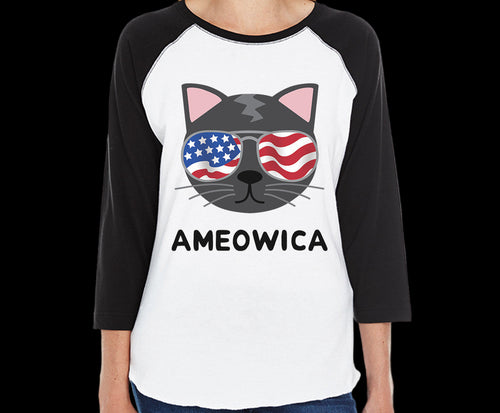 Person wearing a black and white baseball shirt with a cat design and 'AMEOWICA' text.