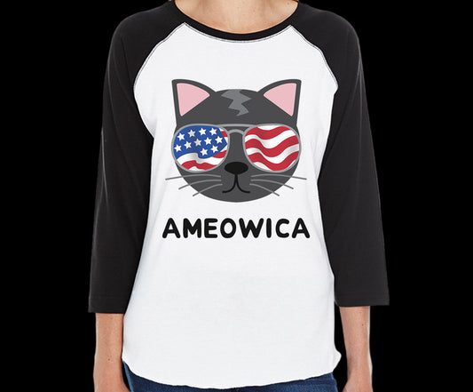 Person wearing a black and white baseball shirt with a cat design and 'AMEOWICA' text.