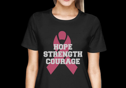 Person wearing a black t-shirt with a pink ribbon and 'Hope Strength Courage' text on a white background