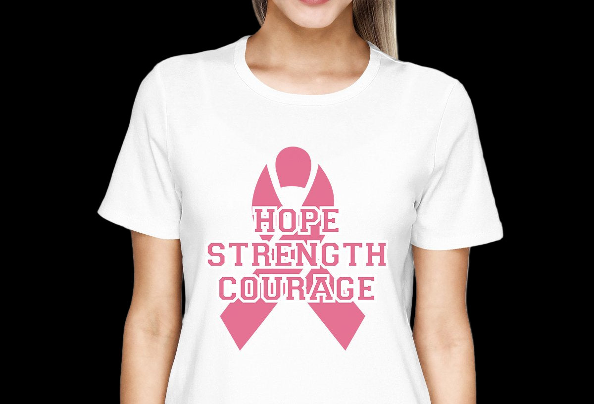 White t-shirt with pink breast cancer awareness ribbon and text on a white background