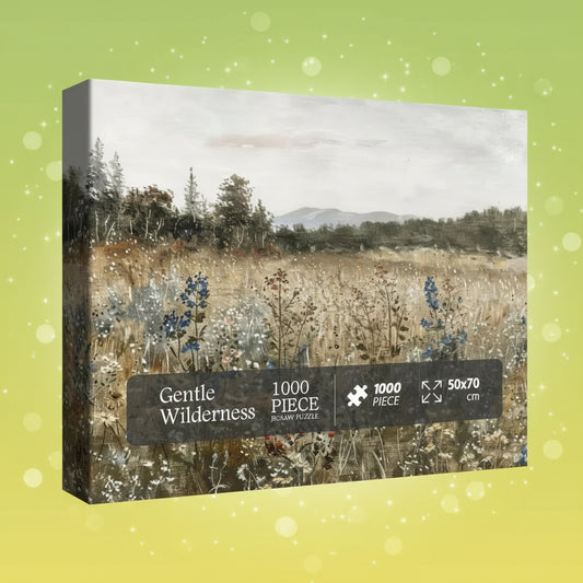 Jigsaw puzzle box with a nature-themed design on a white background