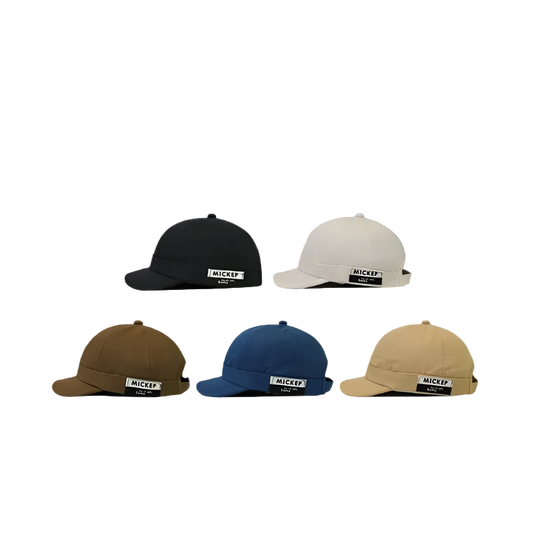 Five caps in different colors with 'MICKEP' branding on a white background