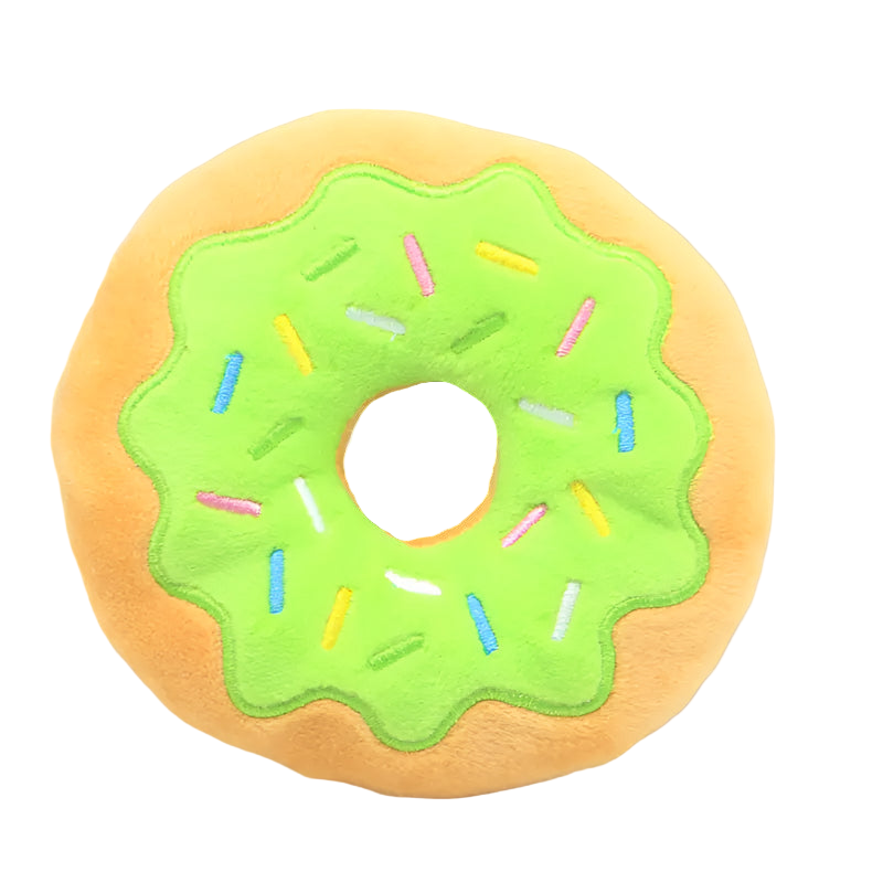 Plush donut toy with green icing and colorful sprinkles on a white background