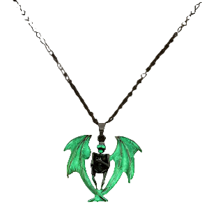 Green dragon-shaped pendant on a chain against a dark background