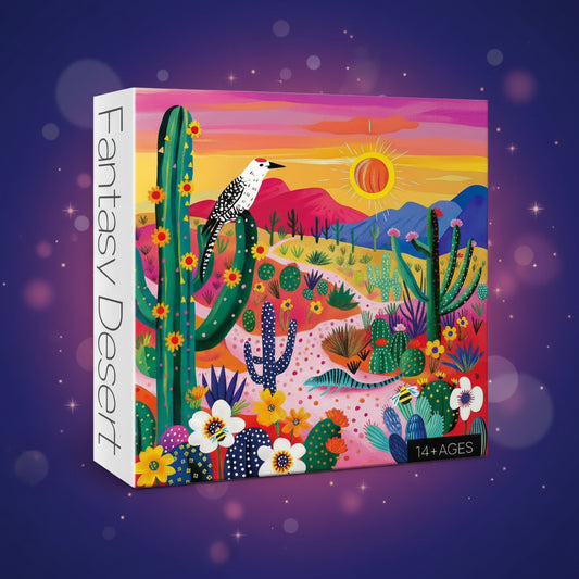 Colorful packaging of a puzzle titled 'Fantasy Desert' with desert-themed illustrations.