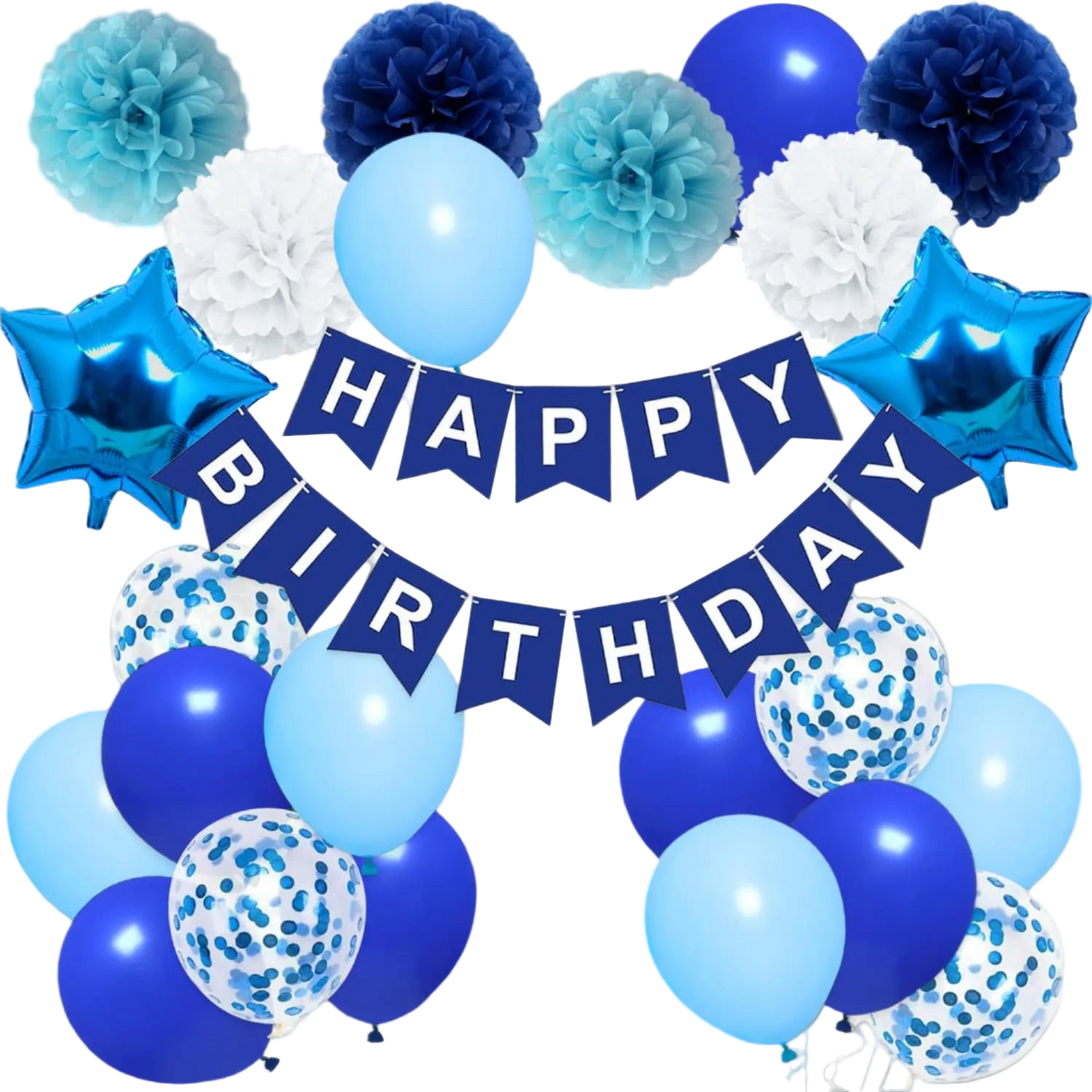 Blue and white birthday balloons with a 'Happy Birthday' banner.