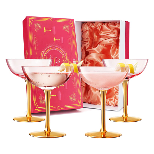 Colored Coupe Art Deco Glasses Gold | Set of 4 | 12 oz Valentines Day Classic Cocktail Glassware for Champagne Martini Manhattan Speakeasy Goblets Vintage Pink Rose Blush