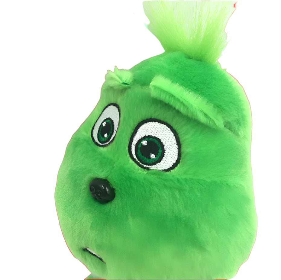 Green plush toy with large eyes on a white background